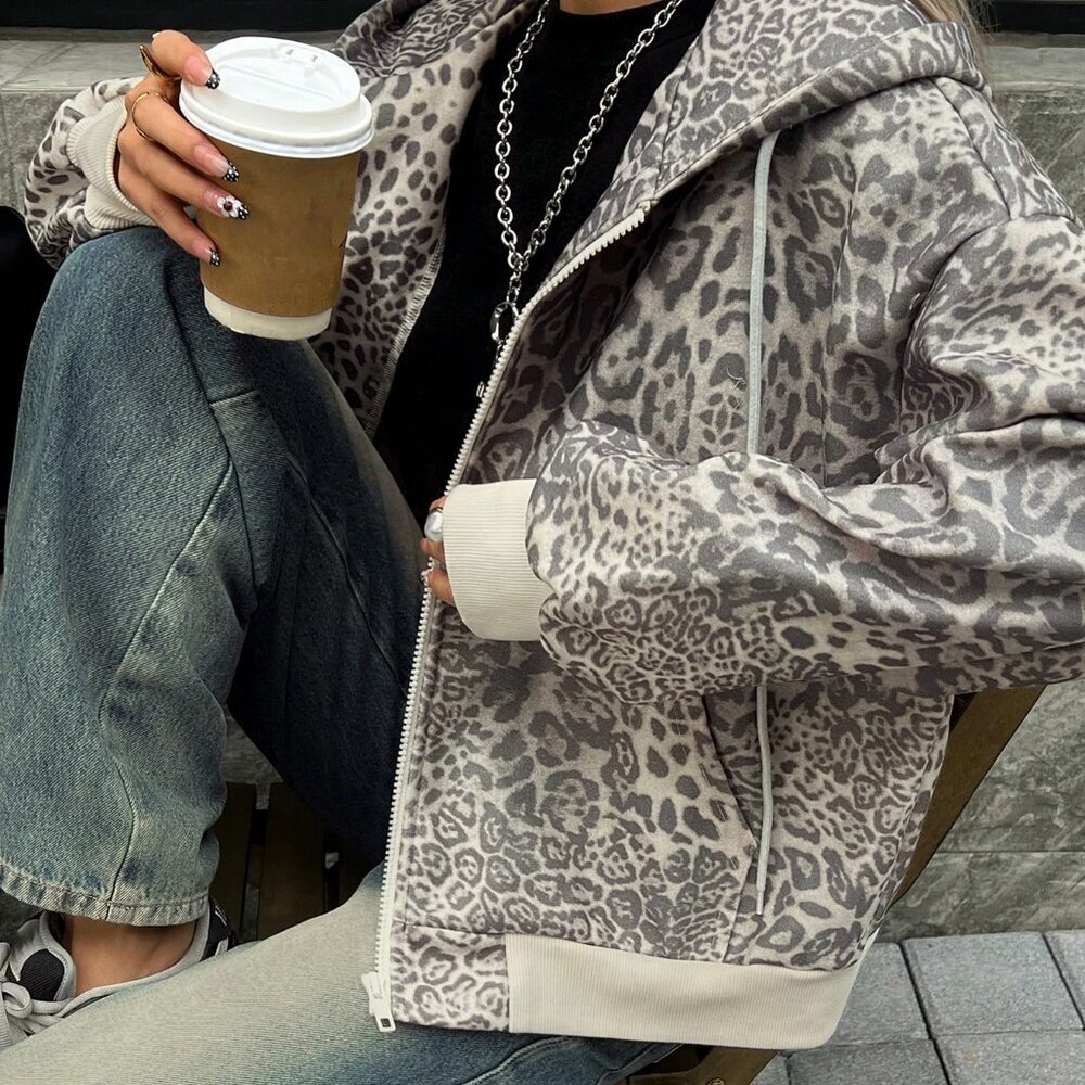 Grey Casual Women's Leopard Print Hoodie Sweatshirt Long Sleeve